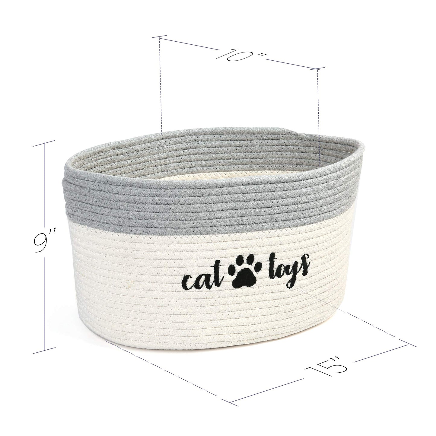 Prime Pets Cat Toy Basket, Cotton Rope Storage Basket with Handles, Small Woven Pet Toy Box Bin for Blankets, Leashes, 15x10x9 inch Cat Toy Holder Container, White and Grey