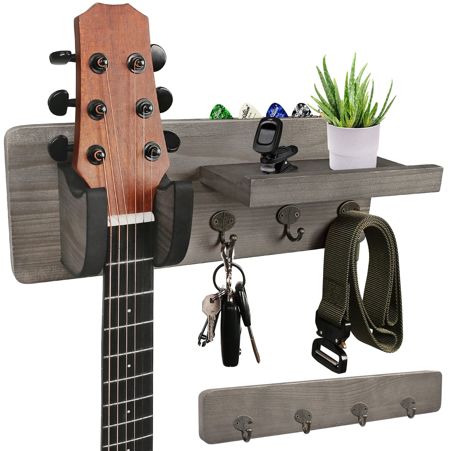 LotFancy Guitar Wall Wood Hanger Holder Mount with Pick Holder and 3 Hooks,Bonus a Wooden Board with 4 Hooks
