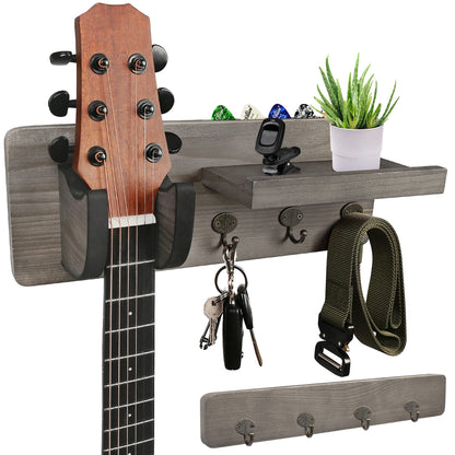 LotFancy Guitar Wall Wood Hanger Holder Mount with Pick Holder and 3 Hooks,Bonus a Wooden Board with 4 Hooks