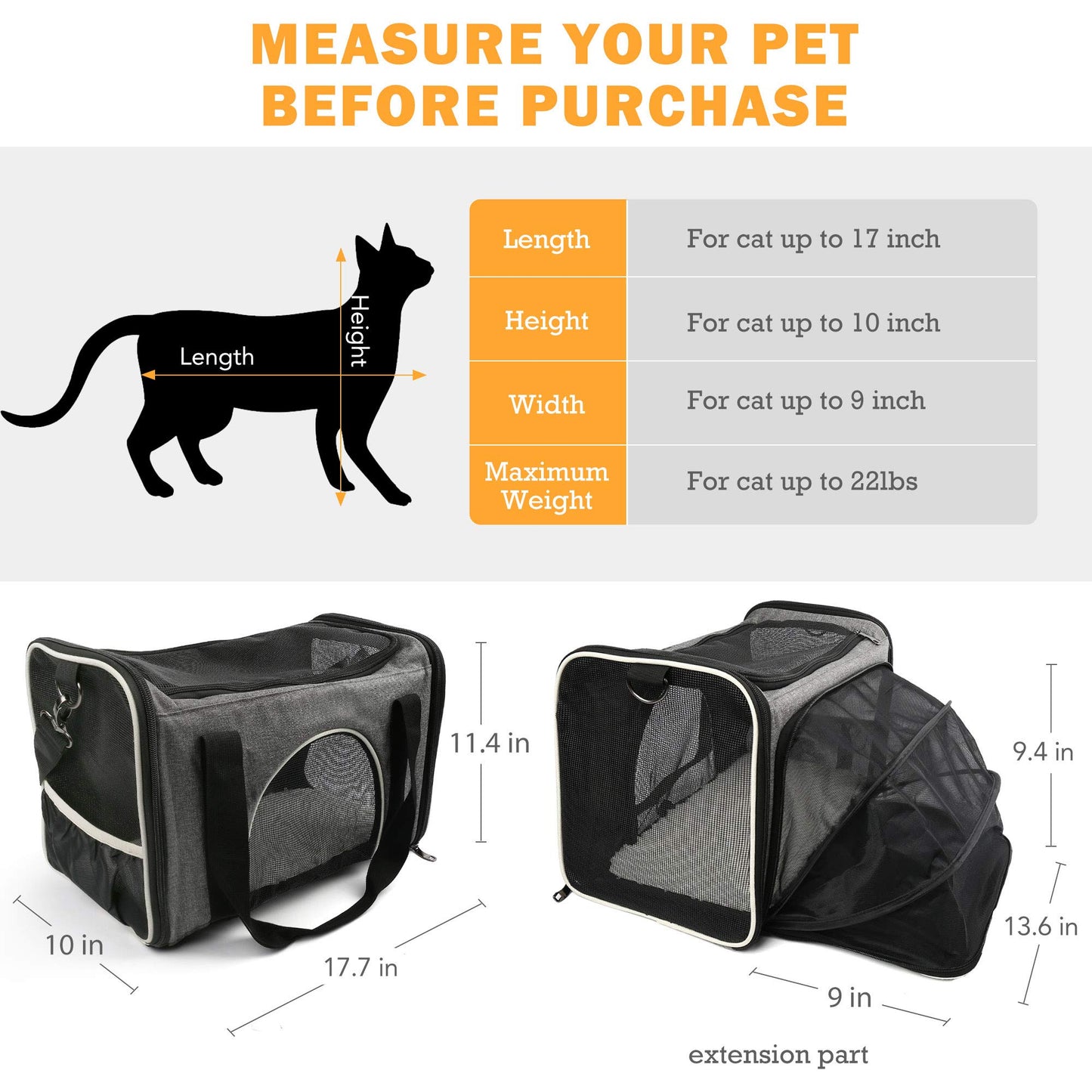 Prime Pets Cat Carrier, TSA Airline Approved Pet Carrier Bag for Small Dogs, Puppies, Kittens, Expandable Soft Sided Cat Carrying Case for Travel, Collapsible, Foldable, Gray