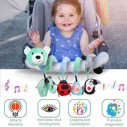 LotFancy Baby Car Seat Toys, Infant Hanging Stroller Toys for Carseat Crib Bar Bassinet, Newborn Activity Spiral Plush Toys with Music BB Squeaker Rattles for 0 3 6 9 12 Months
