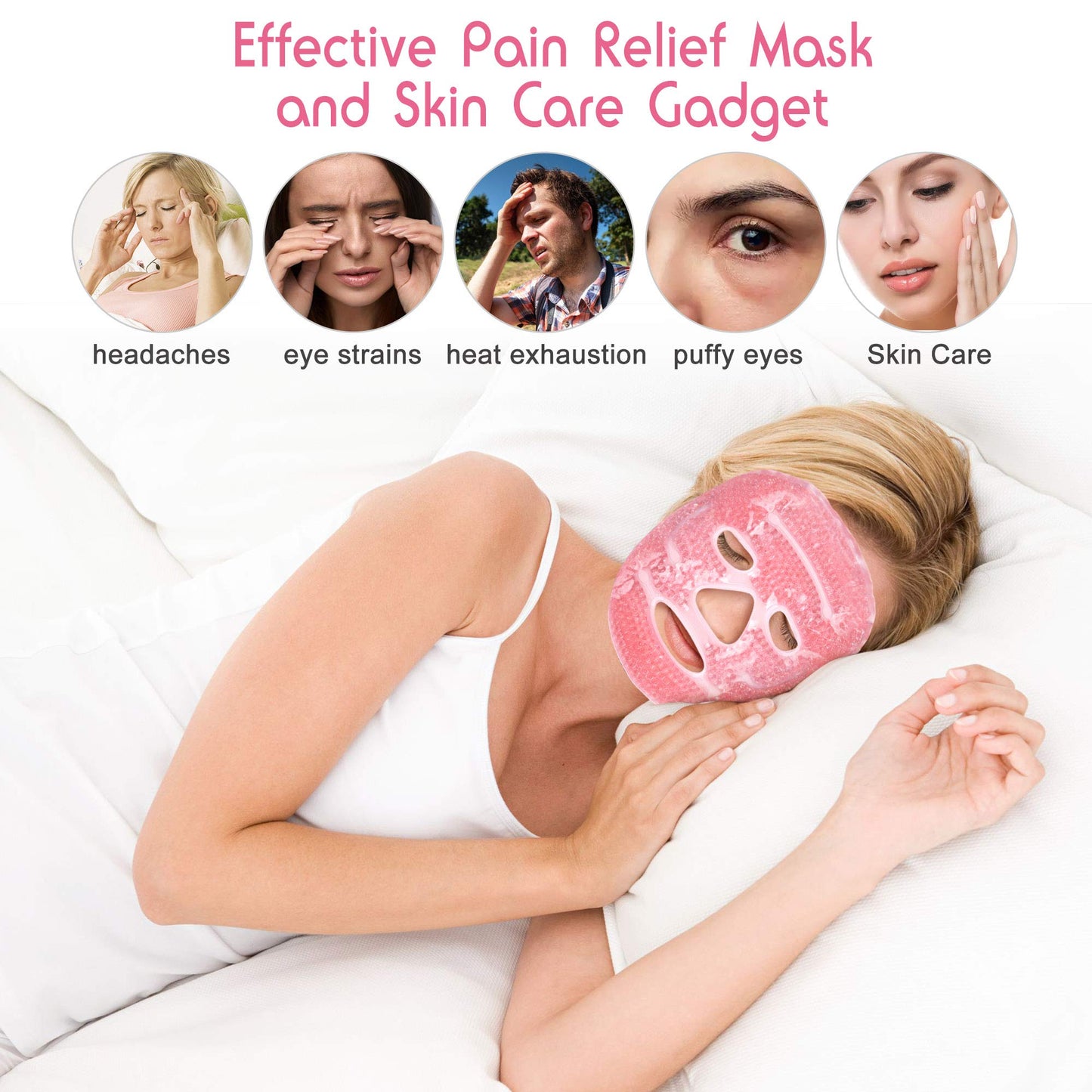 Ice Mask, Gel Eye Face Mask, Hot Cold Therapy for Migraines, Headache, Stress, Sinus Pain, Puffy Eyes, Dark Circles, Skin Care, Soft Fabric, Reusable, Pink