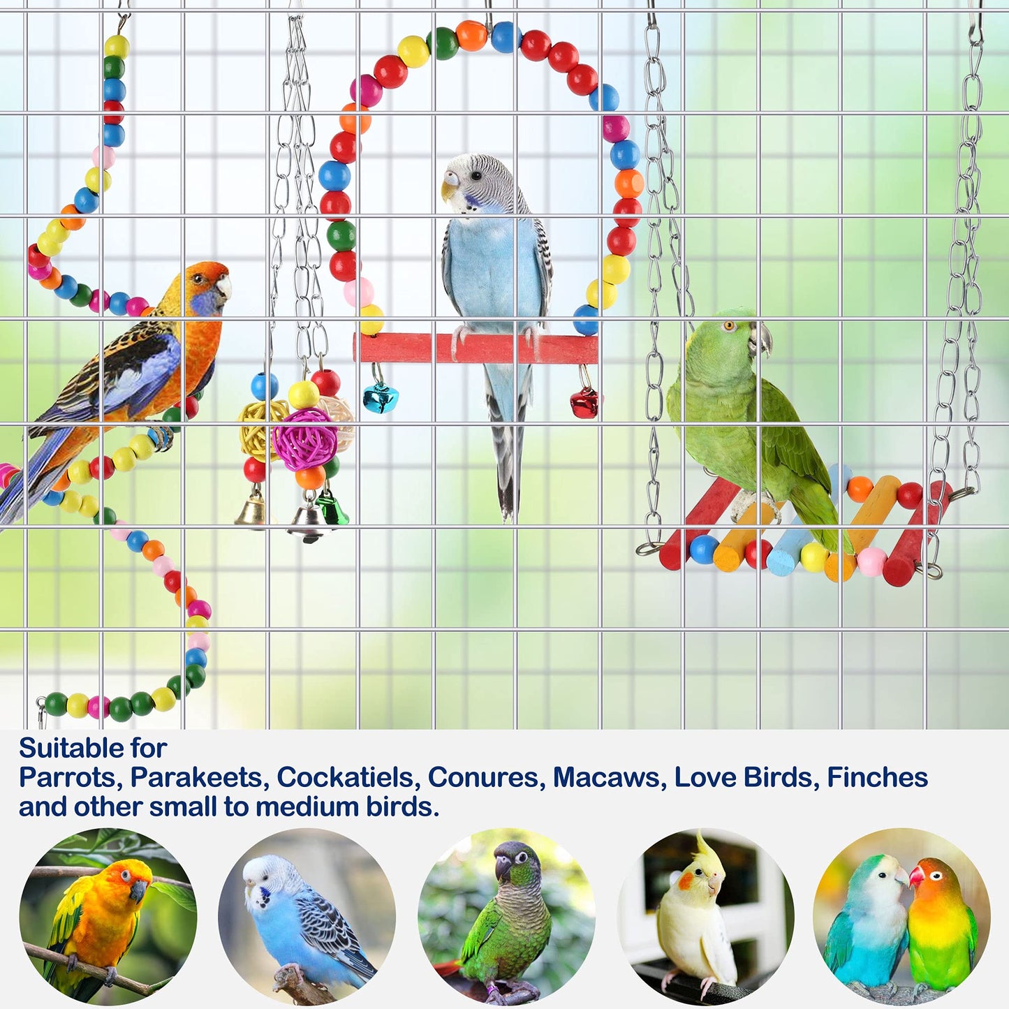 Prime Pets Bird Parakeet Toys, Bird Cage Swing Toys, 13 Pack, Colorful Hanging Bell Hammock Climbing Ladder Toys for Cockatiel, Conure, Finches, Mynah, Love Birds (Copy)