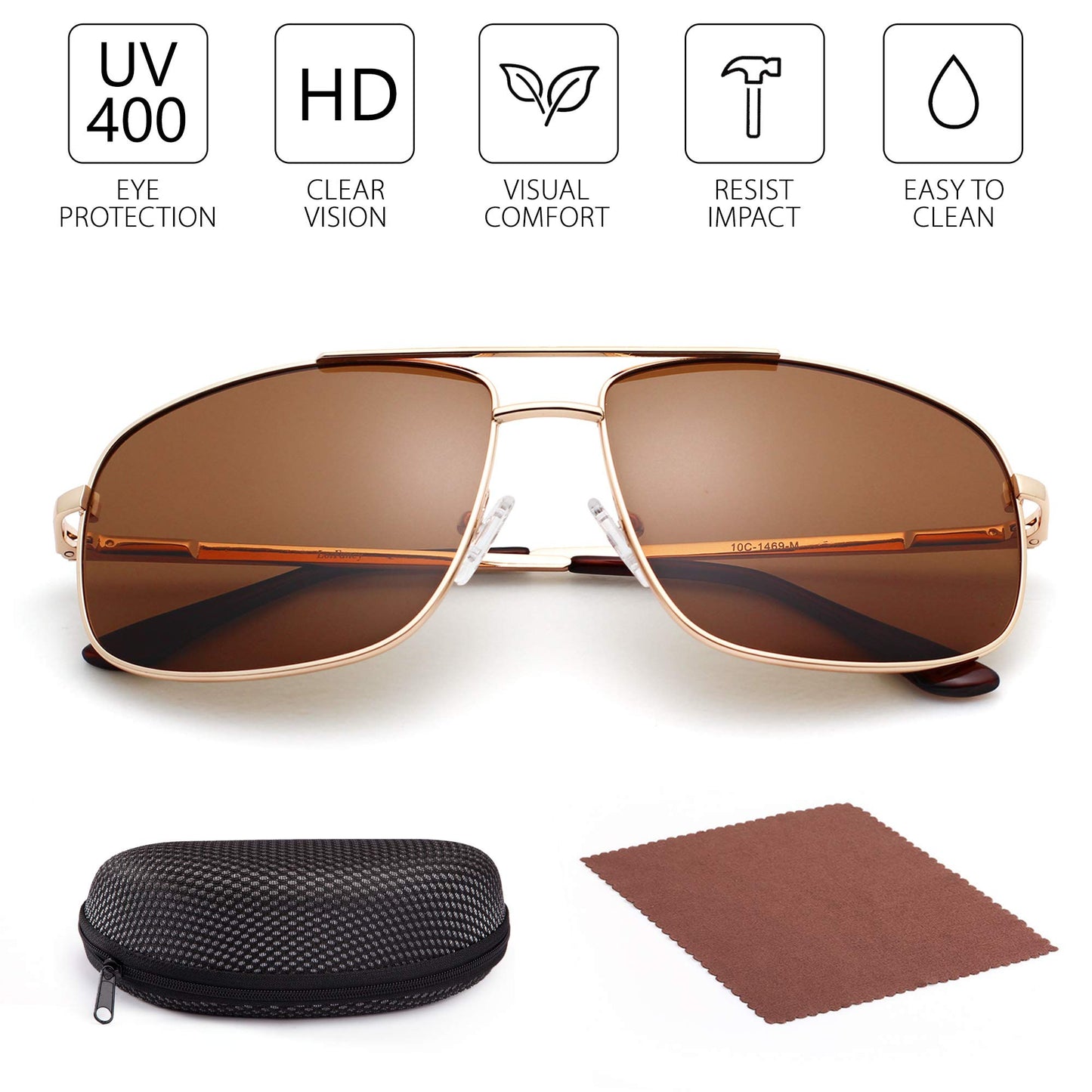 LotFancy Polarized Aviator Sunglasses for Men, Rectangular Brown Lens, Metal Frame, Ultra Lightweight, UV400 Protection, with Case