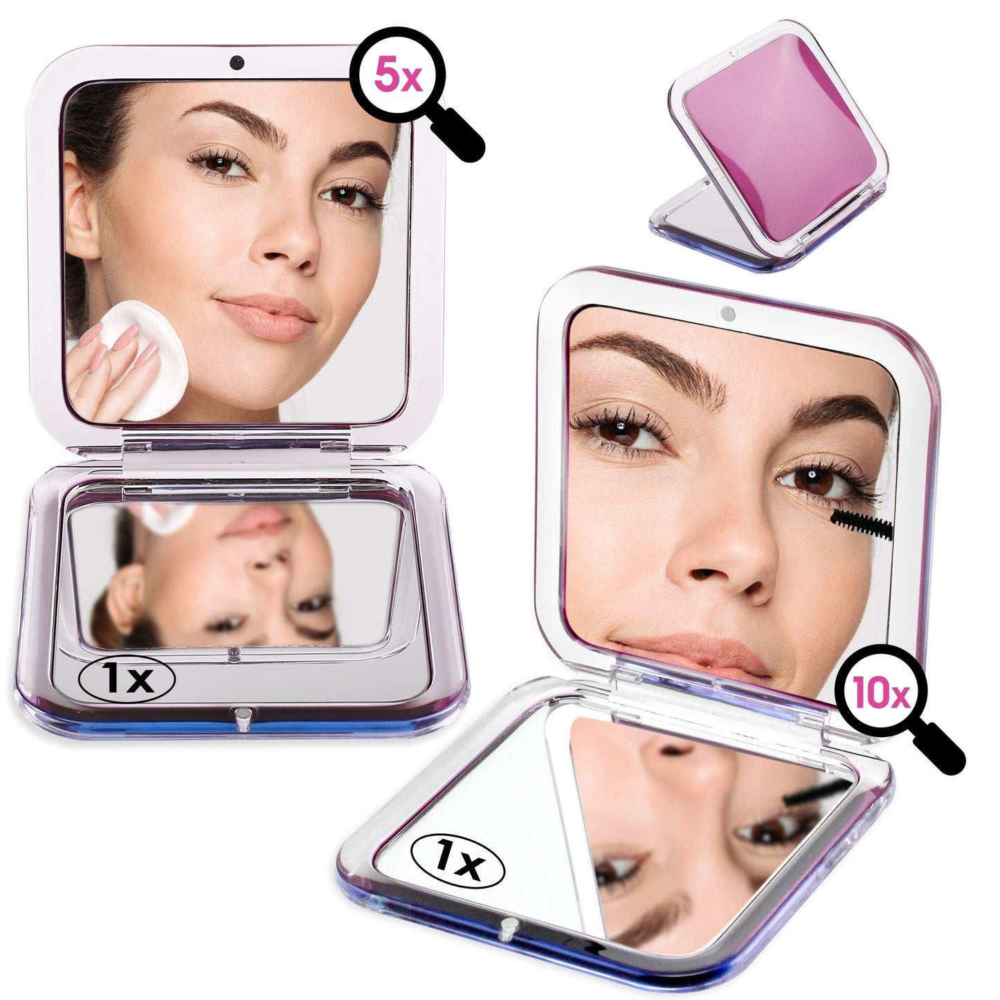 LotFancy 2PCS Magnified Compact Mirror for Purses, 10X 5X Magnifying Makeup Mirror, 3.3inch Small Pocket Mirror, Double-Sided Travel Mirror for Tweezing, Eyeliner Mascara Putting on