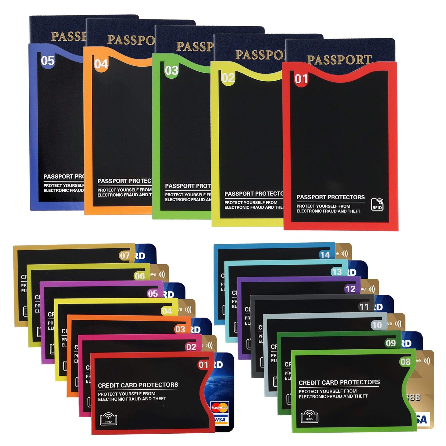 19 RFID Blocking Sleeves (14 Credit Card Protectors and 5 Passport Holders) for Identity Theft Protection