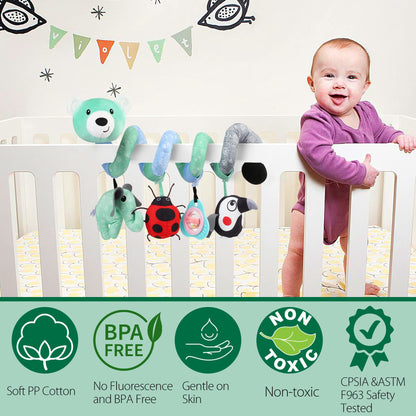 LotFancy Baby Car Seat Toys, Infant Hanging Stroller Toys for Carseat Crib Bar Bassinet, Newborn Activity Spiral Plush Toys with Music BB Squeaker Rattles for 0 3 6 9 12 Months
