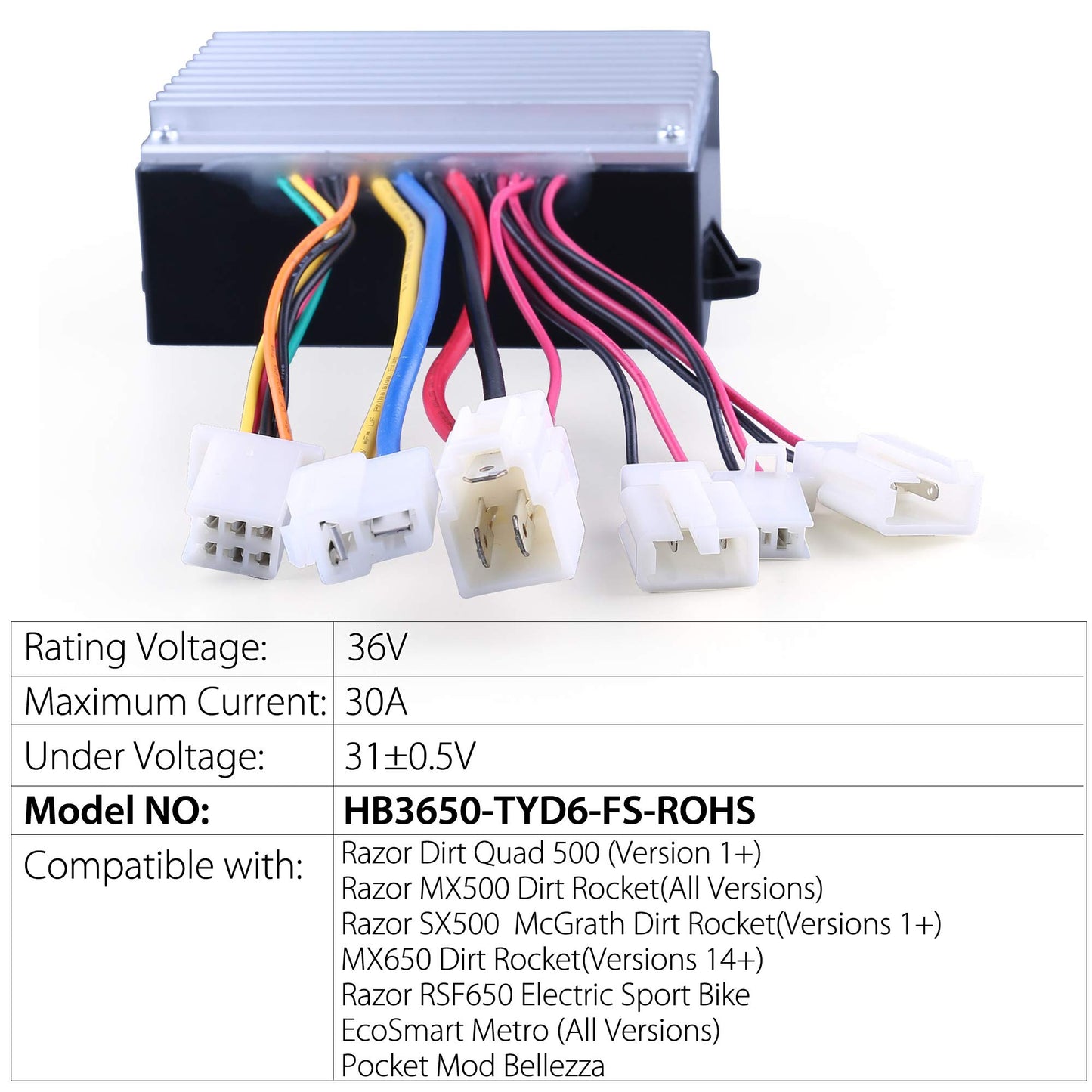 36V Controller, 6 Throttle for Razor MX500 Dirt Rocket (V21+), MX650 (V14+), SX500 McGrath (V1+), EcoSmart Metro, RSF650 (V1+), Dirt Quad 500 ATV(V1+), Pocket Mod Bellezza, Model: HB3650-TYD6-FS-ROHS