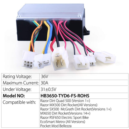 36V Controller, 6 Throttle for Razor MX500 Dirt Rocket (V21+), MX650 (V14+), SX500 McGrath (V1+), EcoSmart Metro, RSF650 (V1+), Dirt Quad 500 ATV(V1+), Pocket Mod Bellezza, Model: HB3650-TYD6-FS-ROHS