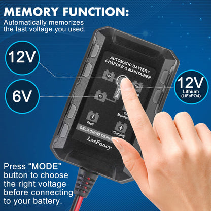 LotFancy 6V 12V 1.5A Battery Charger and Maintainer, Smart Trickle Charger for Lithium (LiFePO4), Lead Acid Battery, Automatic Float Charger for Car, Marine, Deep Cycle, AGM, Gel, SLA