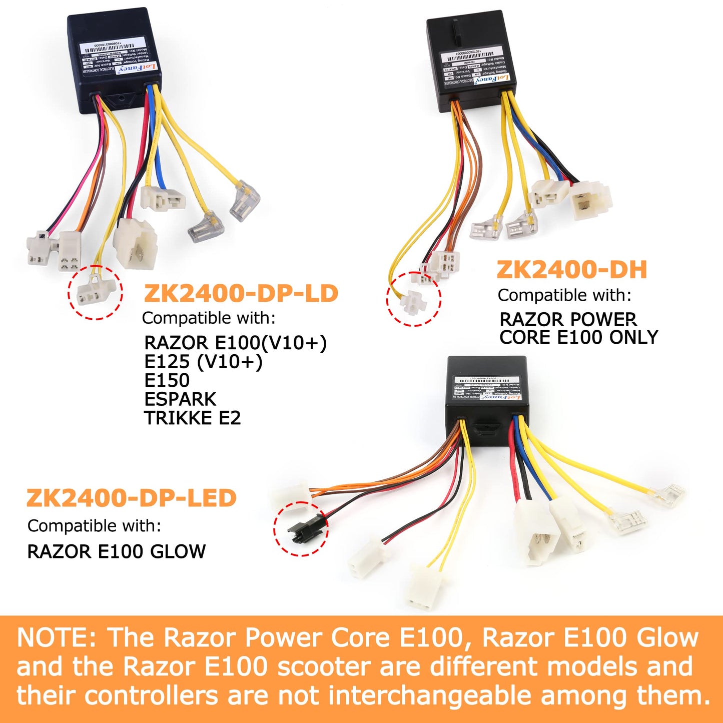 24V Control Module, 7 Connectors, 4-Wire Throttle, Fits for Razor E100(V10+), E125 (V10+), E150 (All Version), eSpark(All Version), Trikke E2 (All Version), Model: ZK2400-DP-LD (ZK2400-DP-FS)