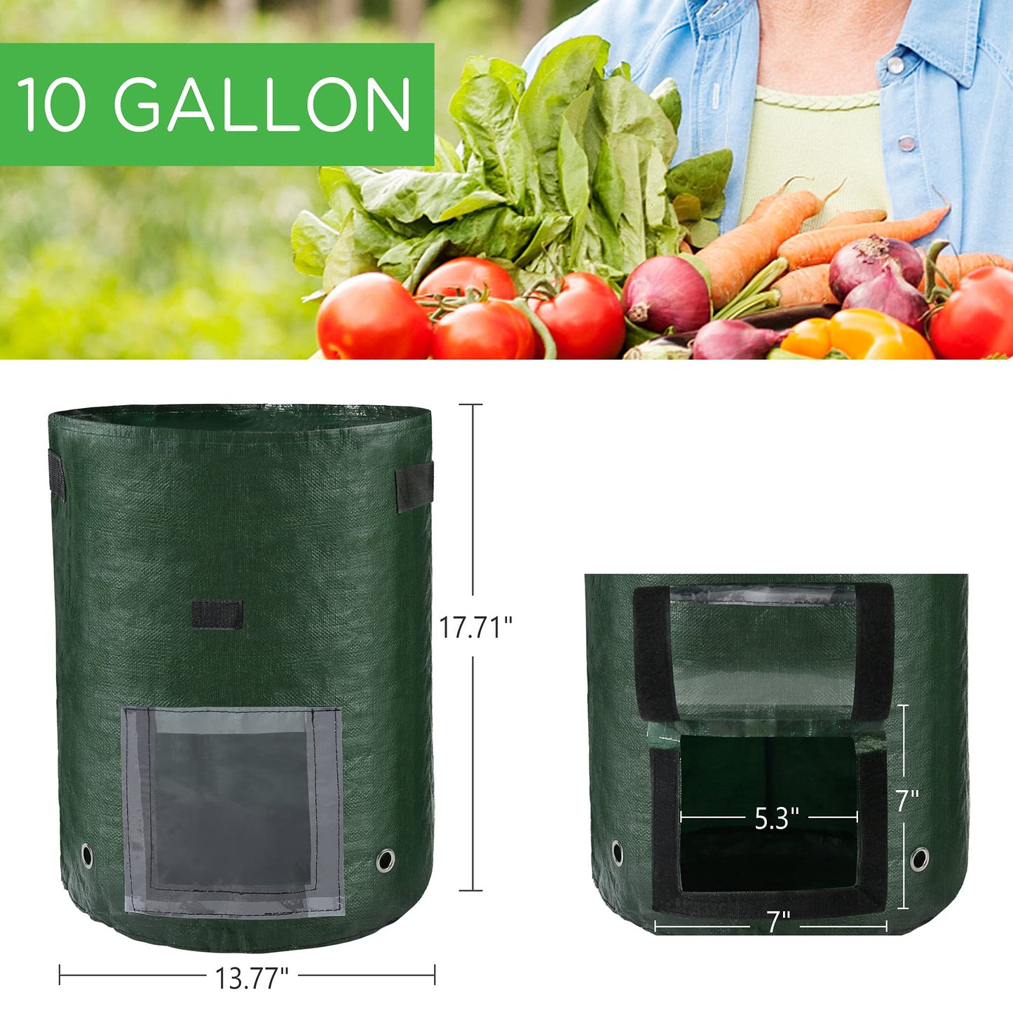 LotFancy Potato Grow Bags, 2 Pack, 10 Gallon Garden Plant Containers with Transparent Flap Window,Handles, PE Planter Pots for Vegetable, Carrot, Tomato, Onion, Dark Green