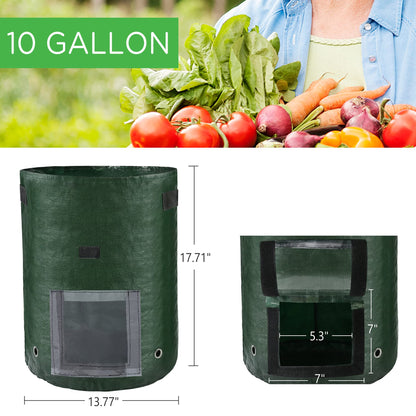 LotFancy Potato Grow Bags, 2 Pack, 10 Gallon Garden Plant Containers with Transparent Flap Window,Handles, PE Planter Pots for Vegetable, Carrot, Tomato, Onion, Dark Green