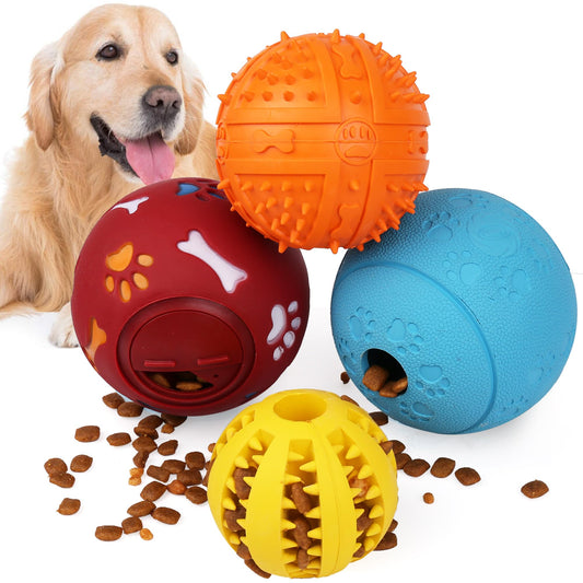 Prime Pets 4 Pack IQ Treat Ball, Fun Interactive Food Dispensing Dog Toys, Non-Toxic Natural Rubber Dog Puzzle Chew Toys, for Tooth Cleaning, Chewing, Playing