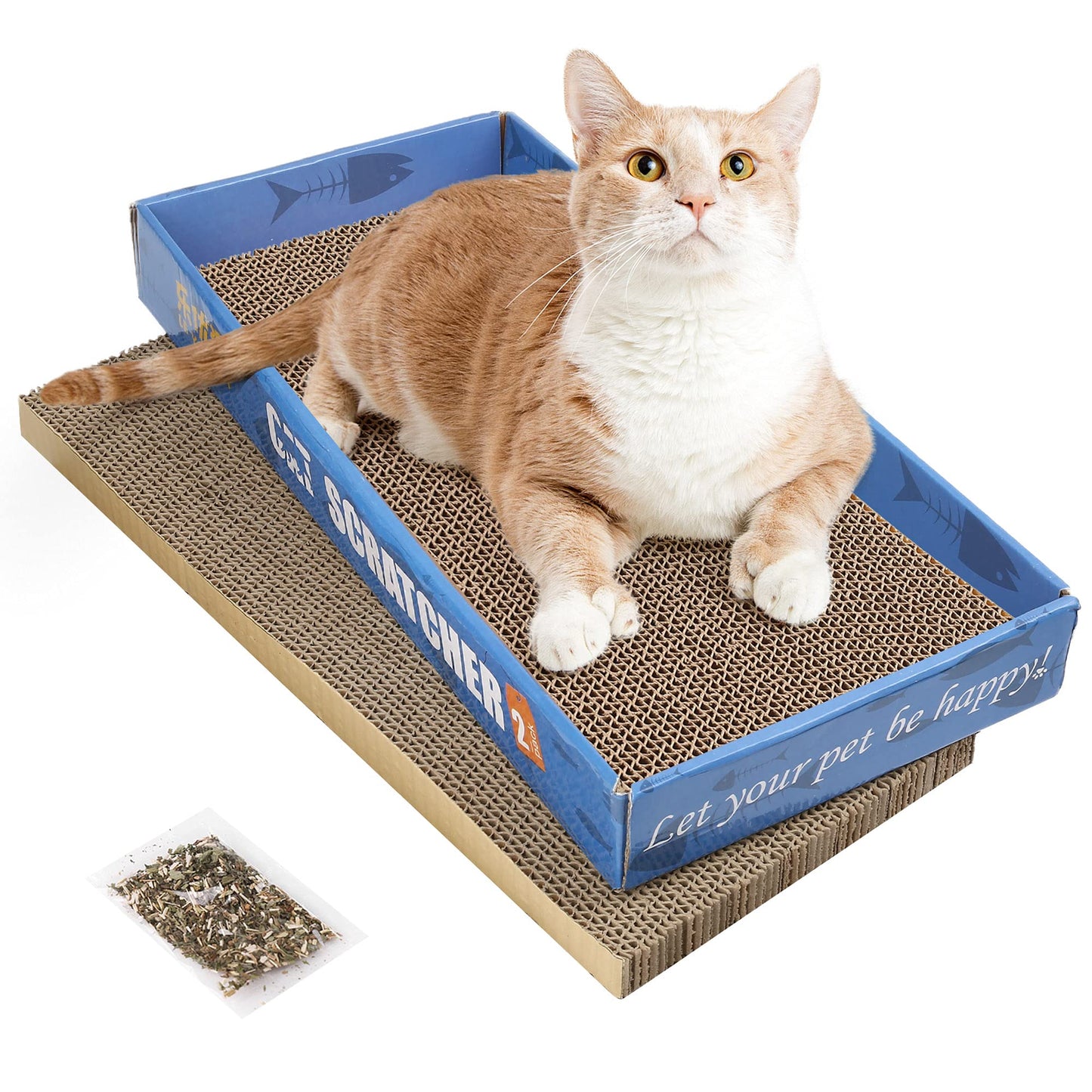 2 in 1 Cardboard Cat Scratcher for Indoor Cats, Reversible Corrugated Cat Scratching Pad with Box, Wave Shaped Replacement Board for Furniture Protector, Catnip Included