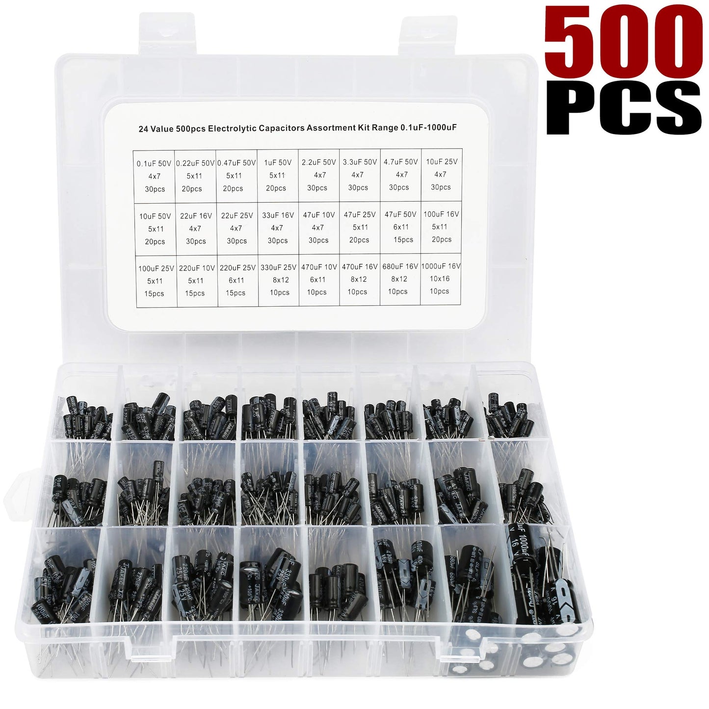 LotFancy 500Pcs 24 Values Electrolytic Capacitor Kit Range 0.1uF-1000uF, 10V 16V 25V 50V Aluminum Electrolytic Capacitor with Storage Box for Tinker