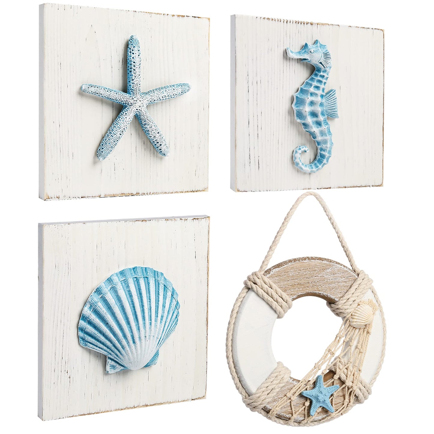 LotFancy Beach Wall Décor, 4 Pack, 3D Seashell, Starfish, Seahorse and Lifesaver Buoy Decorations on Wood Board, Rustic Ocean Coastal Themed Wall Art for Bathroom, Living Room, Bedroom (6“ x 6“)