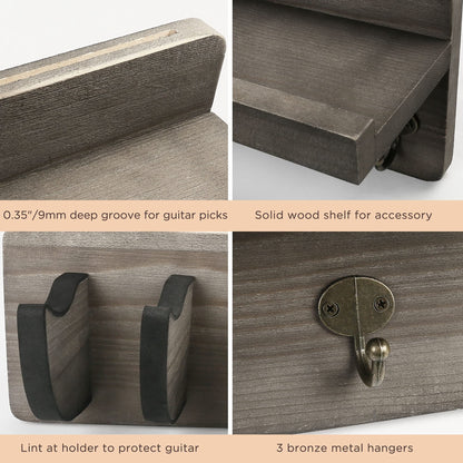 LotFancy Guitar Wall Wood Hanger Holder Mount with Pick Holder and 3 Hooks,Bonus a Wooden Board with 4 Hooks