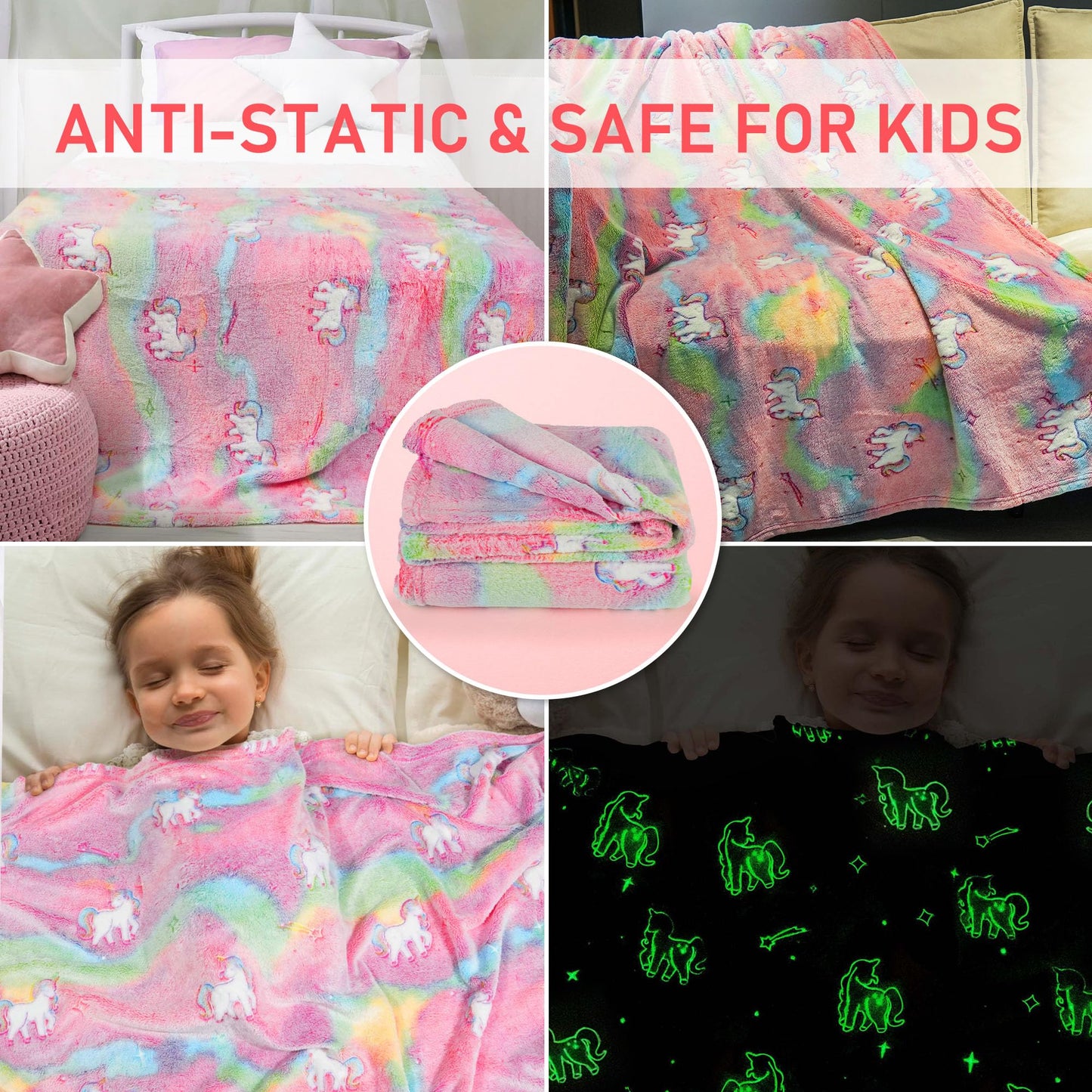 LotFancy Glow in The Dark Blanket, Unicorns Gifts for Girls Boys, Soft Luminous Kids Blankets for Birthday, 60 x 50in