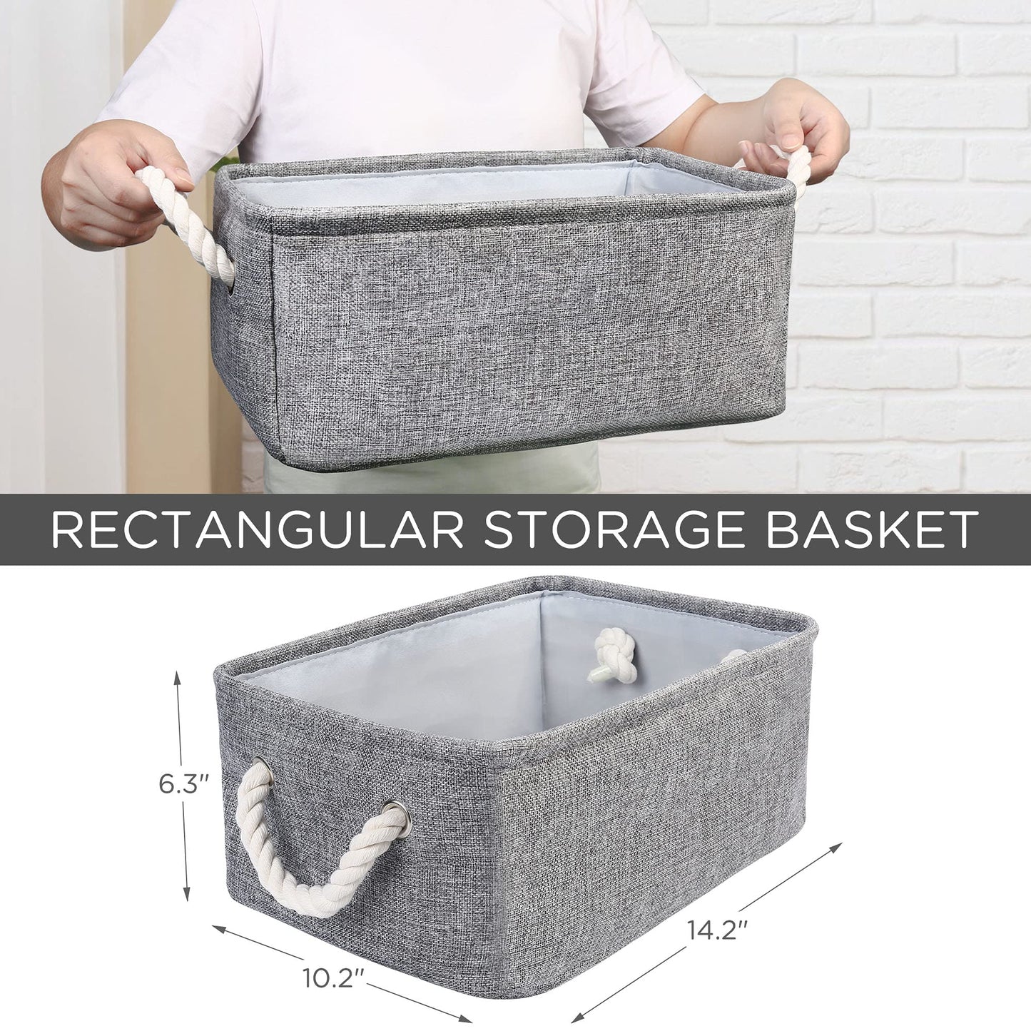 LotFancy Fabric Storage Baskets 3 Packs, Foldable Storage Bins with Handles for Shelves, Rectangular Shelf Closet Organizer for Nursery Clothes Toys Books Organizing, Grey, 14.2” x 10.2” x 6.3”