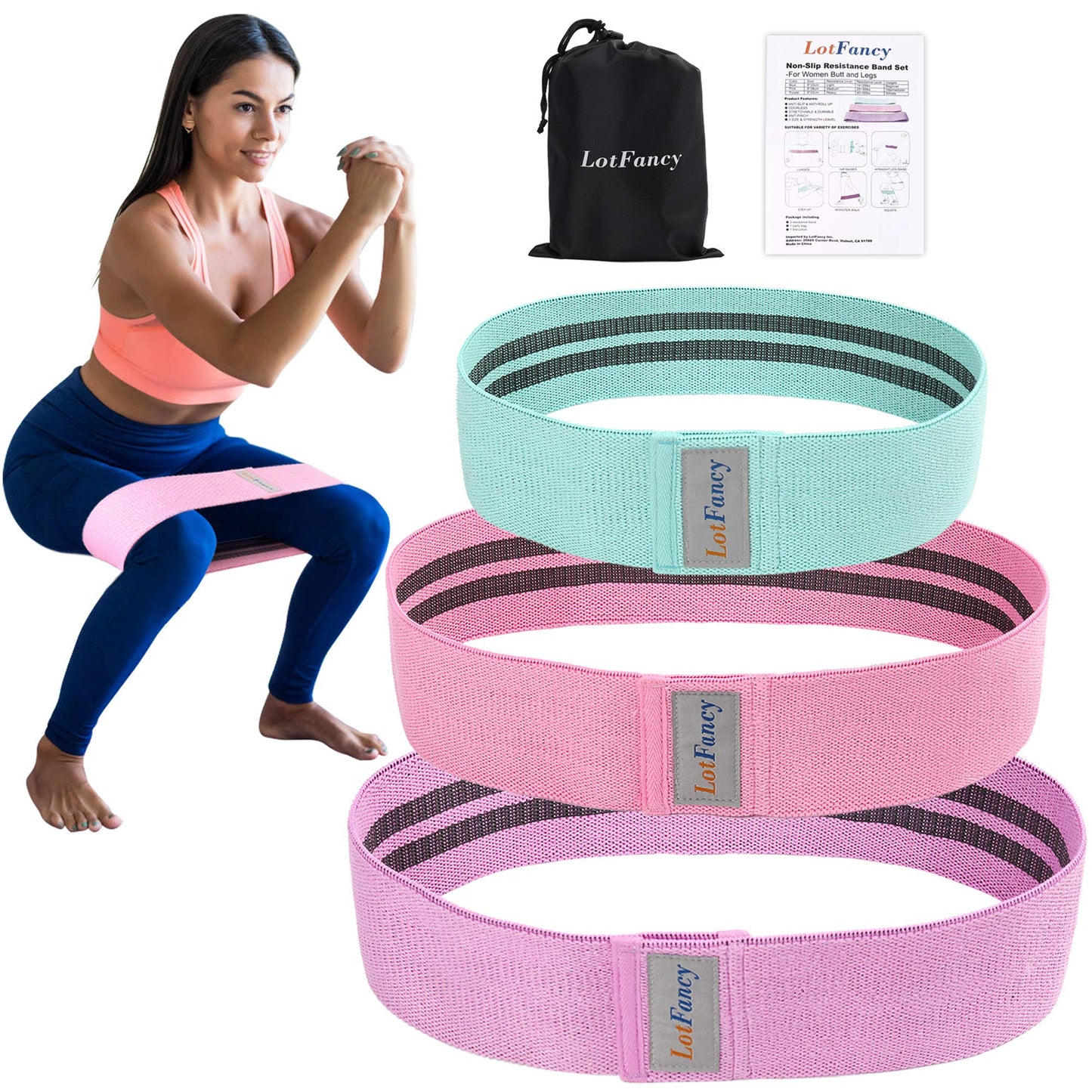 LotFancy Hip Resistance Bands, Pack of 3, Loop Booty Bands for Women Leg and Butt, Non-Slip Circles Glutes Fabric Exercise Bands for Fitness, Workout, Squat - Green, Pink, Purple