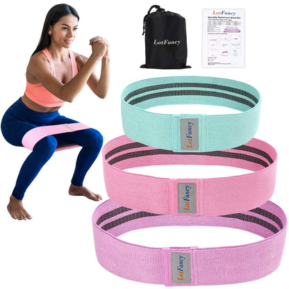 LotFancy Hip Resistance Bands, Pack of 3, Loop Booty Bands for Women Leg and Butt, Non-Slip Circles Glutes Fabric Exercise Bands for Fitness, Workout, Squat - Green, Pink, Purple