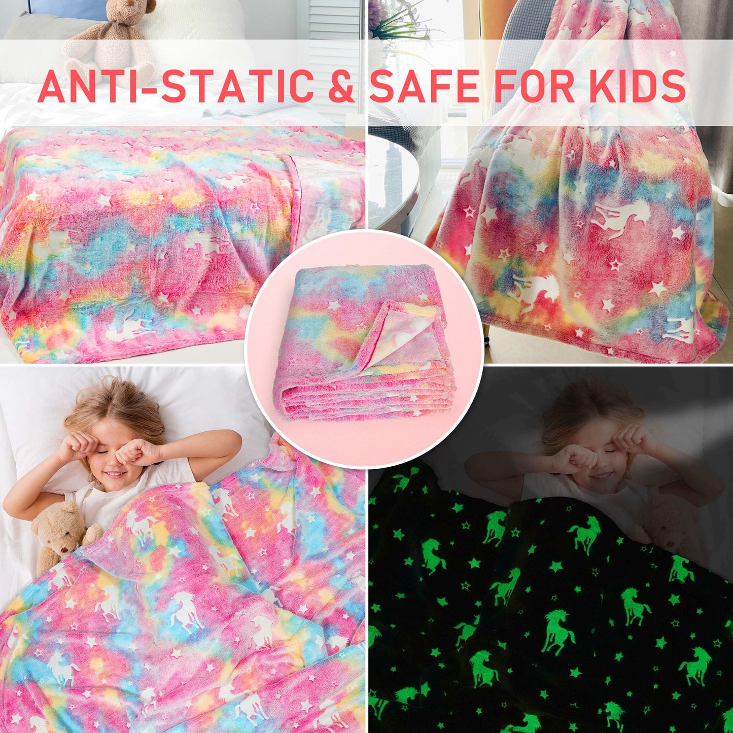 LotFancy Glow in The Dark Blanket, Unicorns Gifts for Girls Boys, Soft Luminous Kids Blankets for Birthday, 60 x 50in