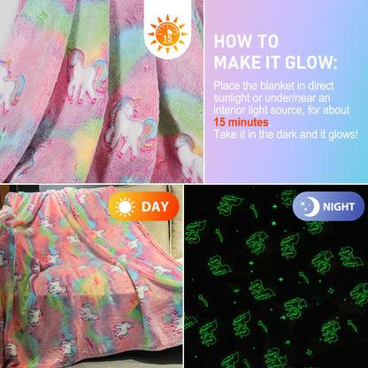 LotFancy Glow in The Dark Blanket, Unicorns Gifts for Girls Boys, Soft Luminous Kids Blankets for Birthday, 60 x 50in