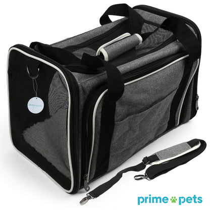 Prime Pets Cat Carrier, TSA Airline Approved Pet Carrier Bag for Small Dogs, Puppies, Kittens, Expandable Soft Sided Cat Carrying Case for Travel, Collapsible, Foldable, Gray