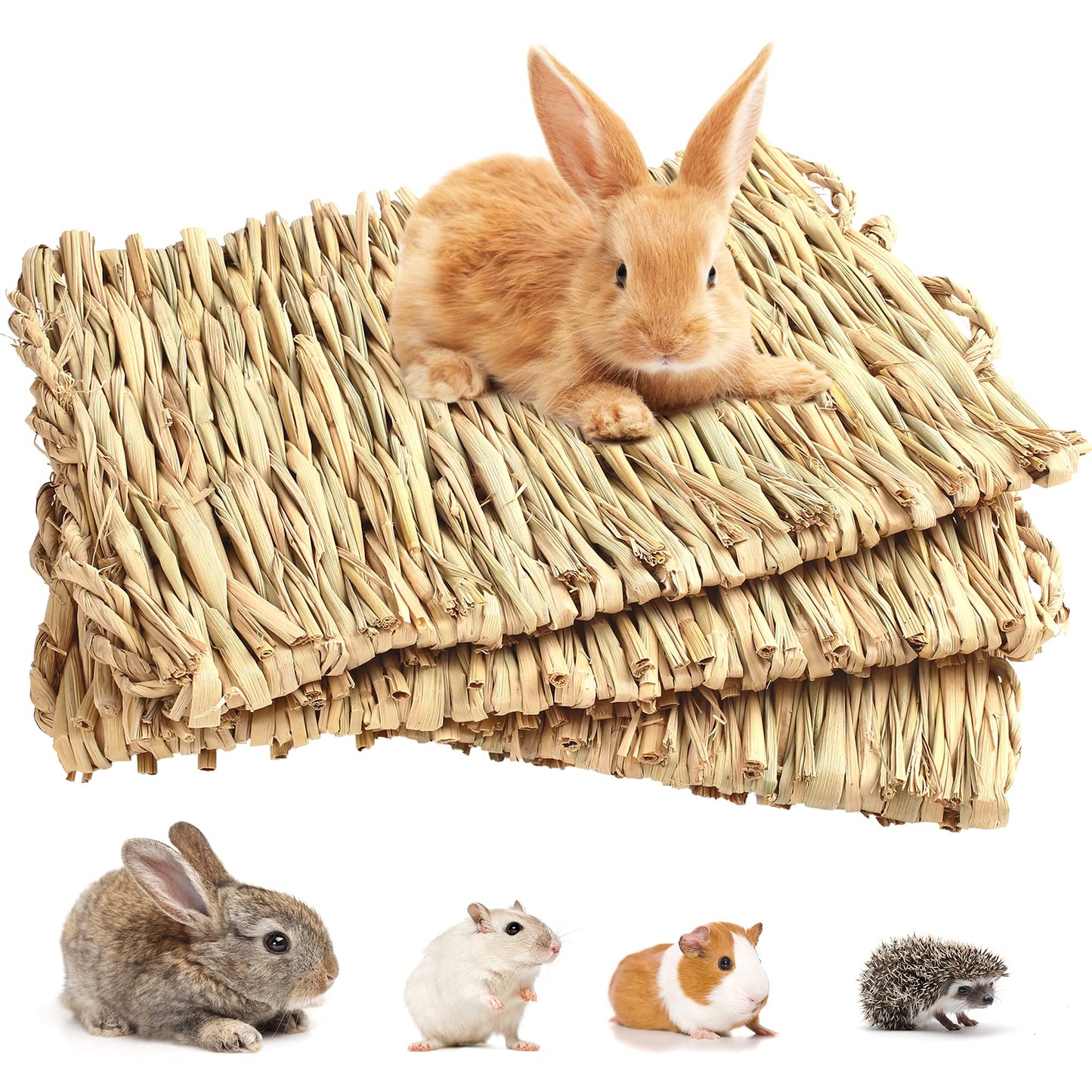 Prime Pets Grass Mat for Rabbits Bunny, 3 Pack, Woven Hay Mat for Small Animals, Natural Straw Bedding Resting Cage Mat for Guinea Pig Parrot Chinchilla Hamster Rat