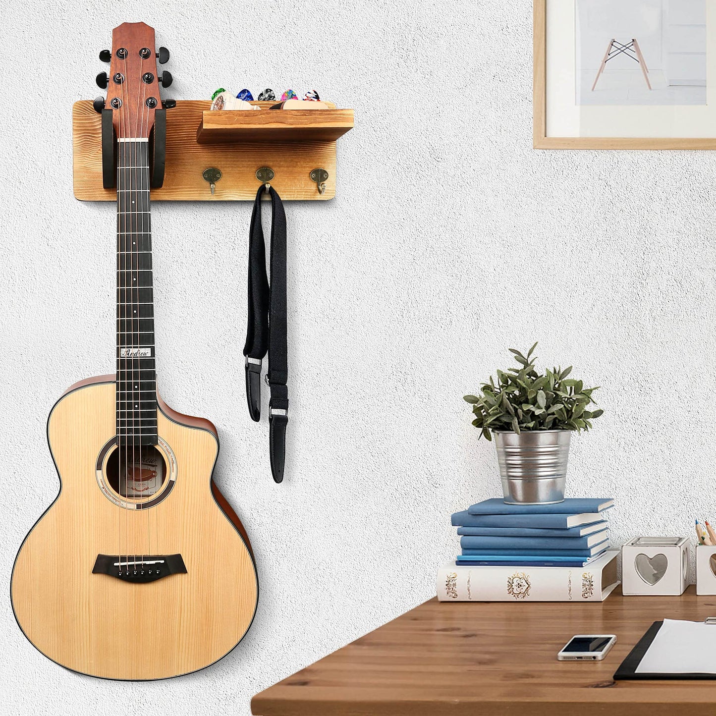 LotFancy Guitar Wall Wood Hanger Holder Mount with Pick Holder and 3 Hooks,Bonus a Wooden Board with 4 Hooks