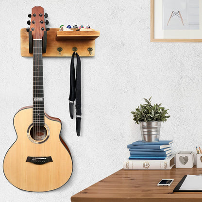 LotFancy Guitar Wall Wood Hanger Holder Mount with Pick Holder and 3 Hooks,Bonus a Wooden Board with 4 Hooks