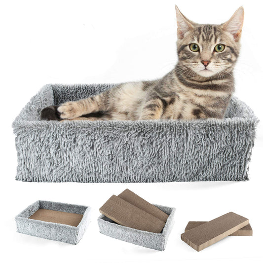 Prime Pets Cat Scratcher Lounge with 2 Removable Cat Scratch Cardboard, Reversible Cat Scratching Pad Box Bed, 2 in 1, Corrugated Board, Catnip Included