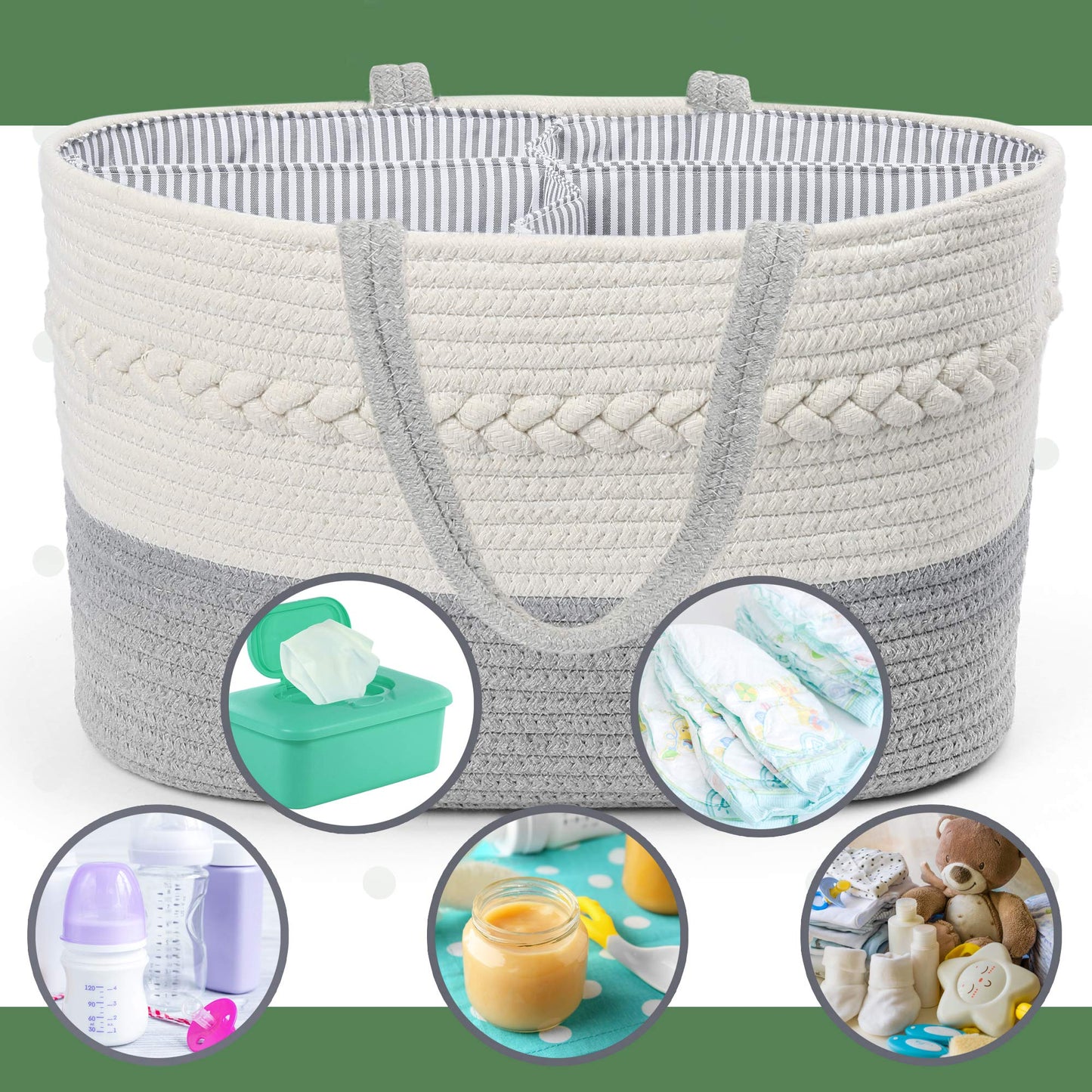 LotFancy Baby Diaper Caddy Organizer, 5 Baby Bibs, Cotton Rope Nursery Storage Bin for Changing Table and Car, Baby Shower Basket for Boys Girls