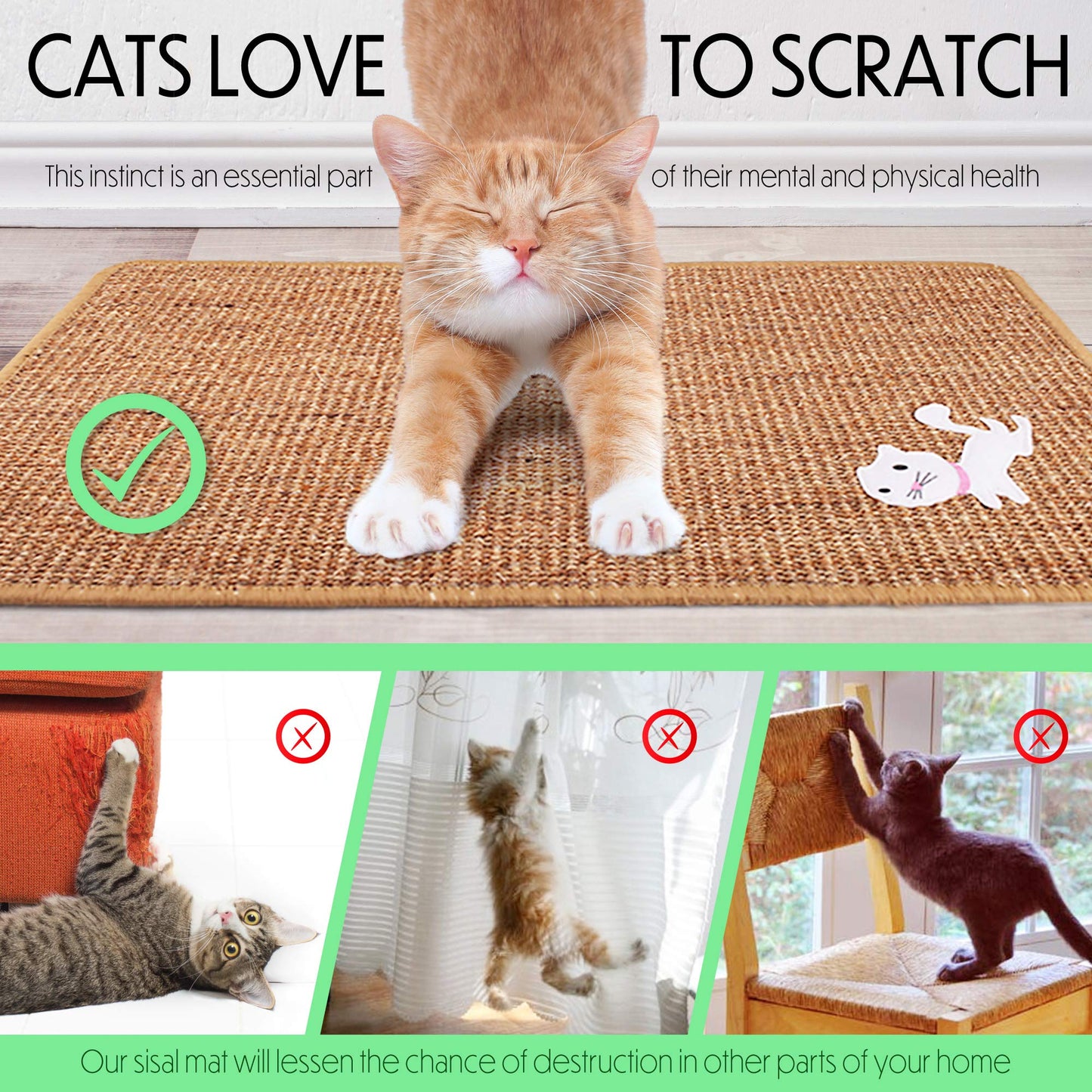 Cat Scratcher Mat, Natural Sisal Cat Scratching Carpet Pad, Floor Scratching Rug, Anti Slip Cat Scratching Mat for Cat Grinding Claws & Protecting Furniture