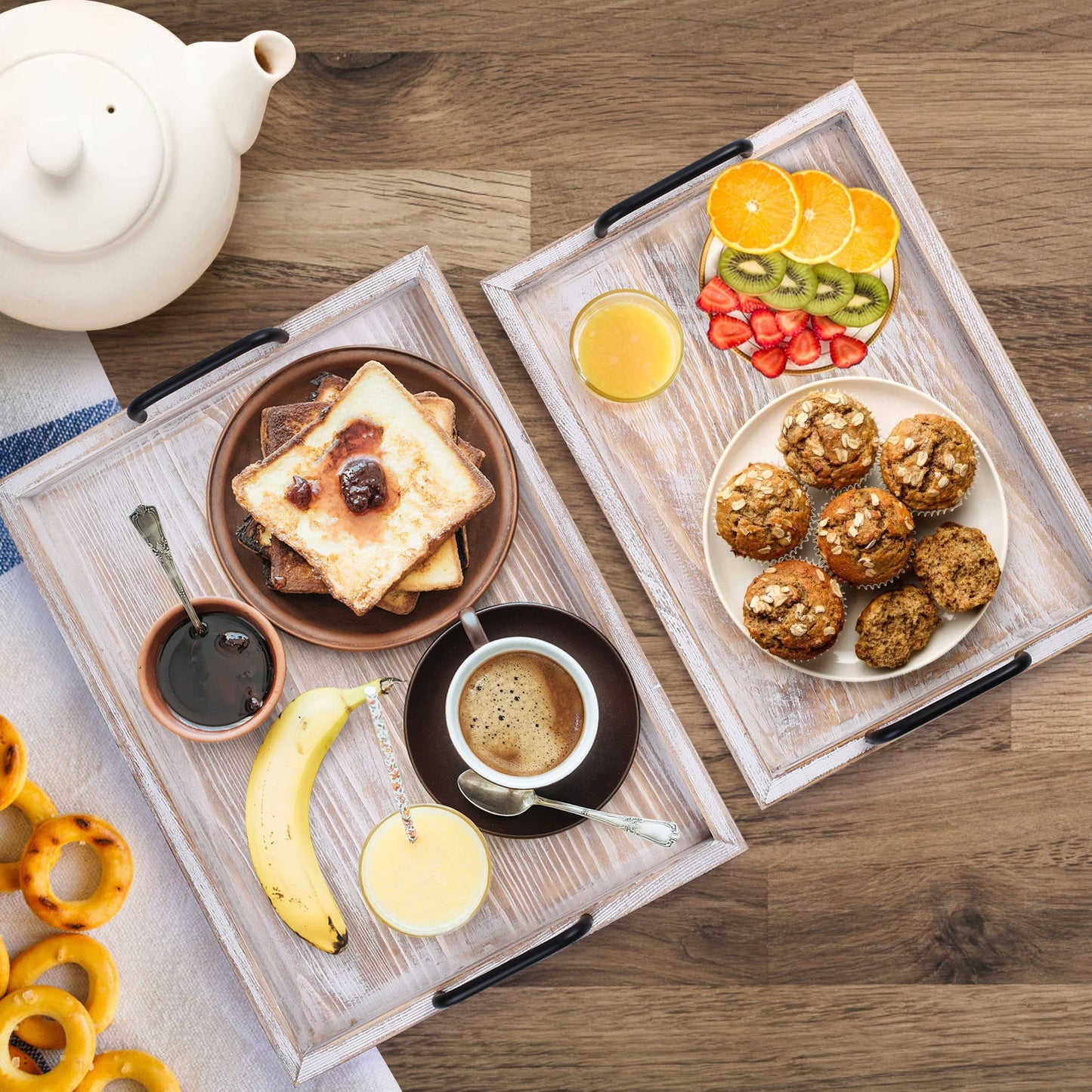 LotFancy Rustic Wood Serving Trays, Set of 2, Nesting Food Trays with Metal Handles, Decorative Charcuterie Board Platter for Ottoman, Coffee Table, Countertop Centerpiece