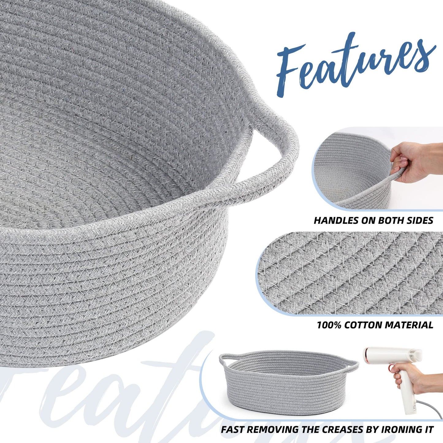 Prime Pets Dog Toy Basket, Cotton Rope Storage Basket with Handles, 14.5" x 11" x 5" H, Small Woven Storage Bin for Puppy Cat Pet Supplies, Grey