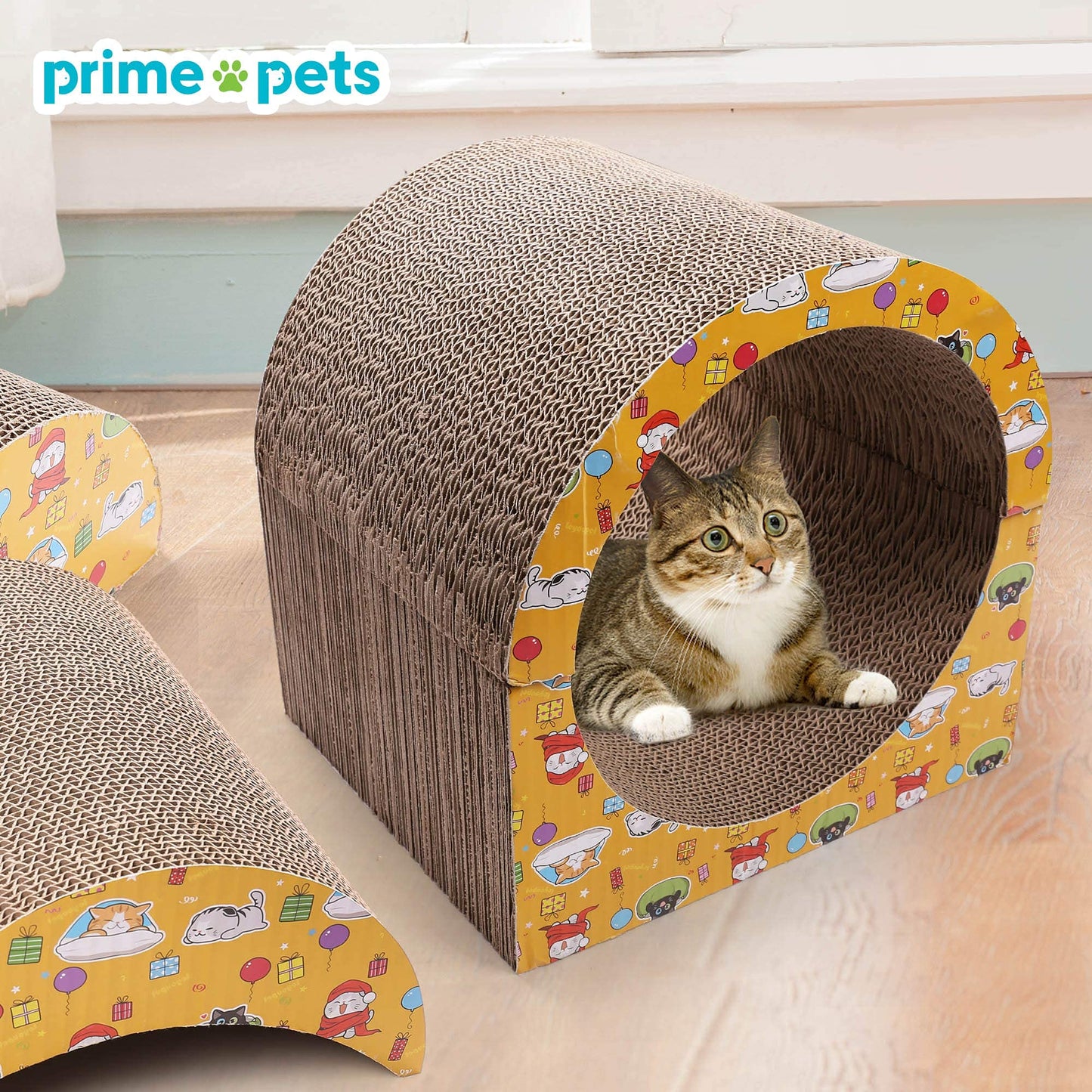 Prime Pets Cat Scratcher Cardboard Lounge, Removable Cat Scratching Couch with Catnip and Ball Toys, Reversible Corrugated Cat Scratch Board Sofa Bed for Cats Kitty Kitten