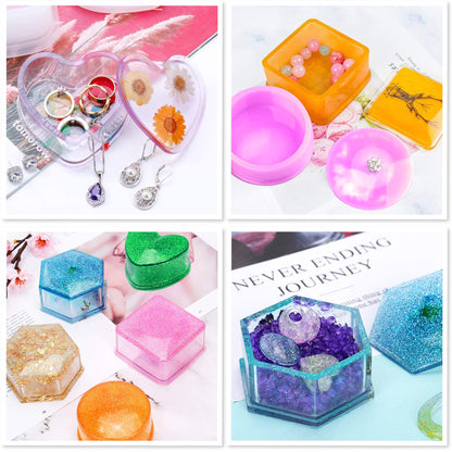 LotFancy Epoxy Resin Molds for Jewelry Box with Lid, Round Hexagon Square Heart Shaped Storage Box Molds for Resin Casting, DIY Art Silicone Molds Kit, with Letter Stickers