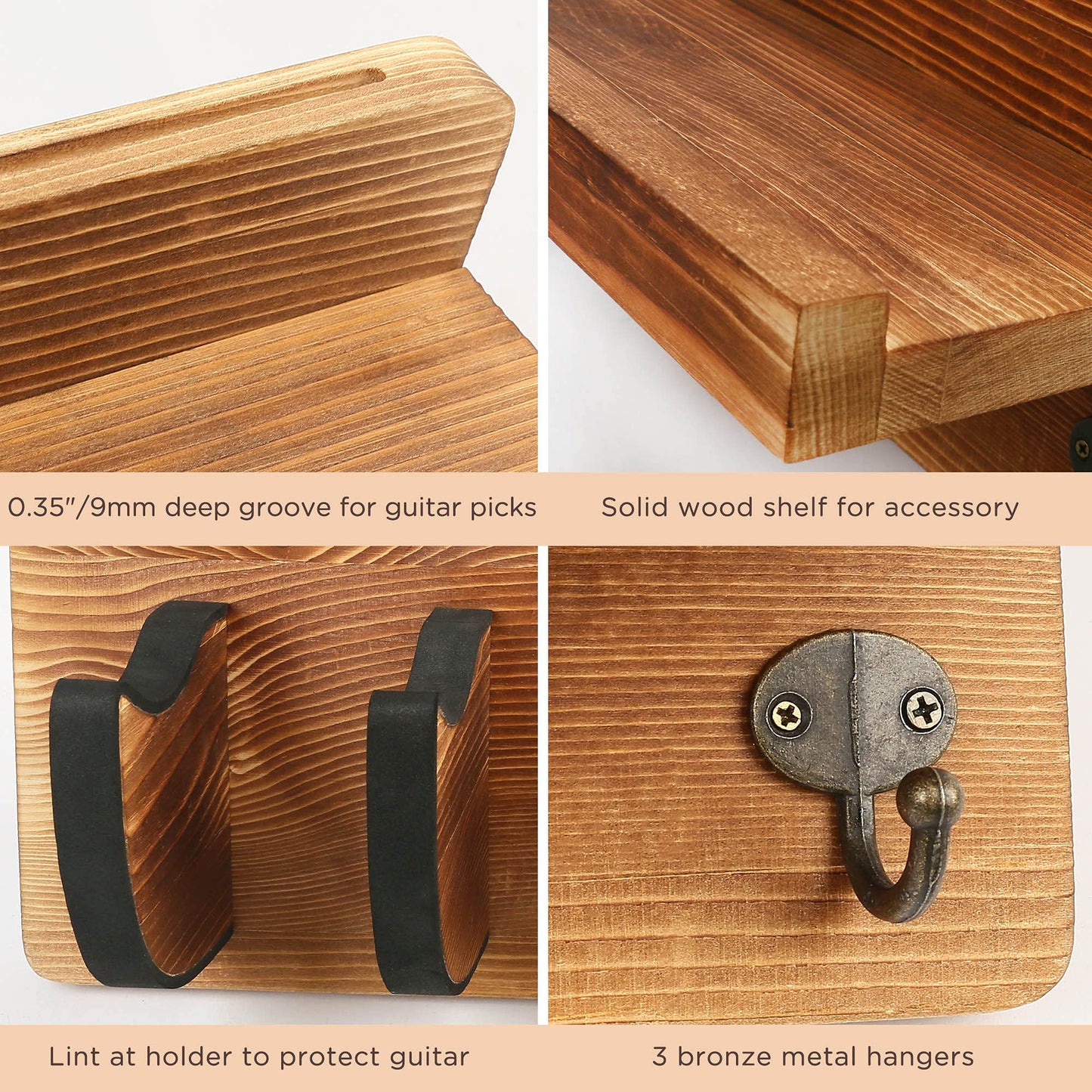 LotFancy Guitar Wall Wood Hanger Holder Mount with Pick Holder and 3 Hooks,Bonus a Wooden Board with 4 Hooks