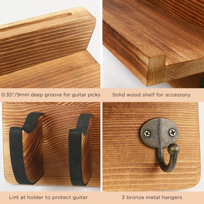 LotFancy Guitar Wall Wood Hanger Holder Mount with Pick Holder and 3 Hooks,Bonus a Wooden Board with 4 Hooks