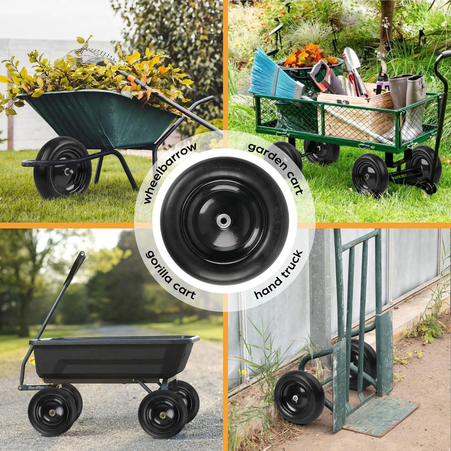 LotFancy 4.00-6 Flat Free Wheelbarrow Tire, 13 inch Solid Rubber Tire Replacement for Wheel Barrel Lawn Cart Garden Wagon