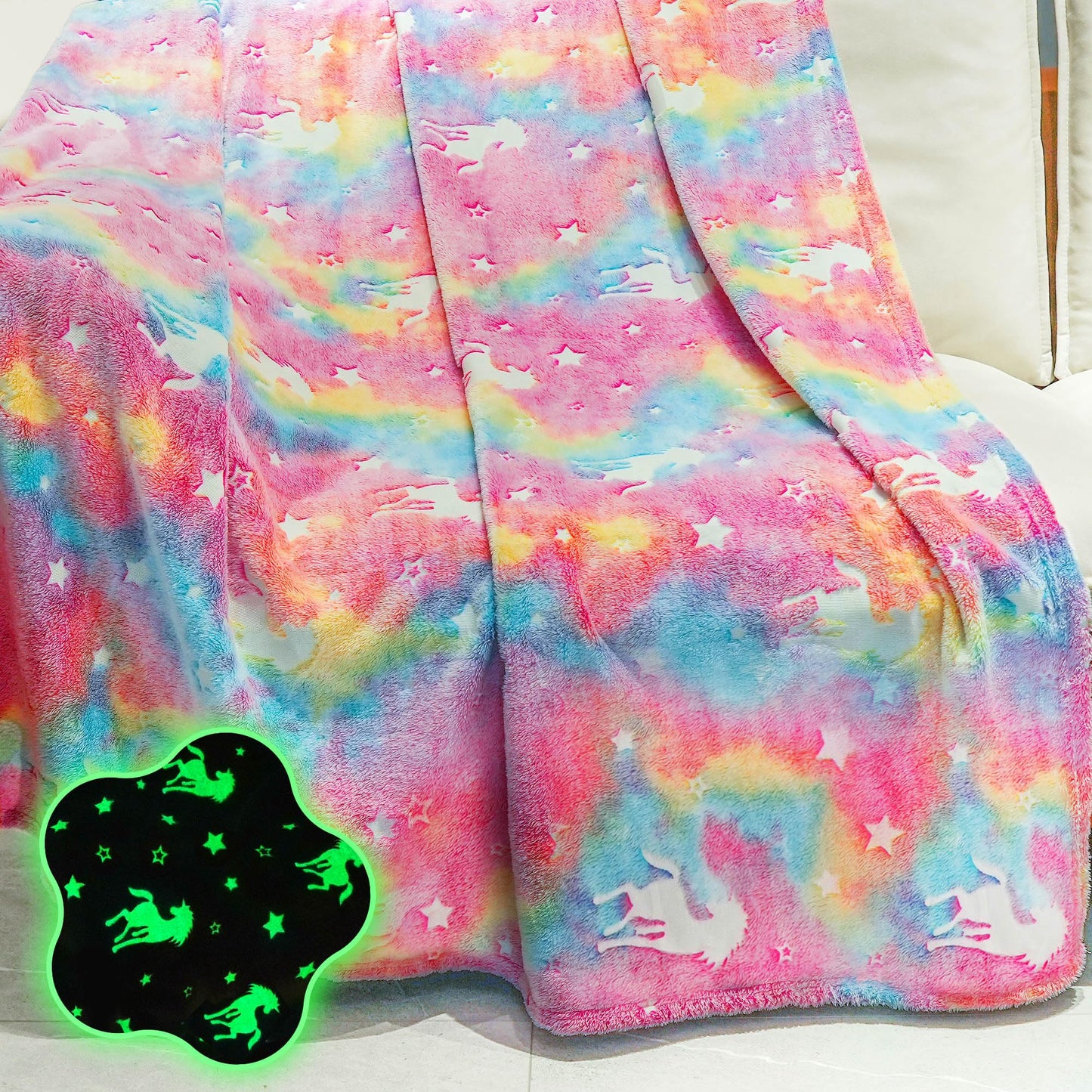 LotFancy Glow in The Dark Blanket, Unicorns Gifts for Girls Boys, Soft Luminous Kids Blankets for Birthday, 60 x 50in