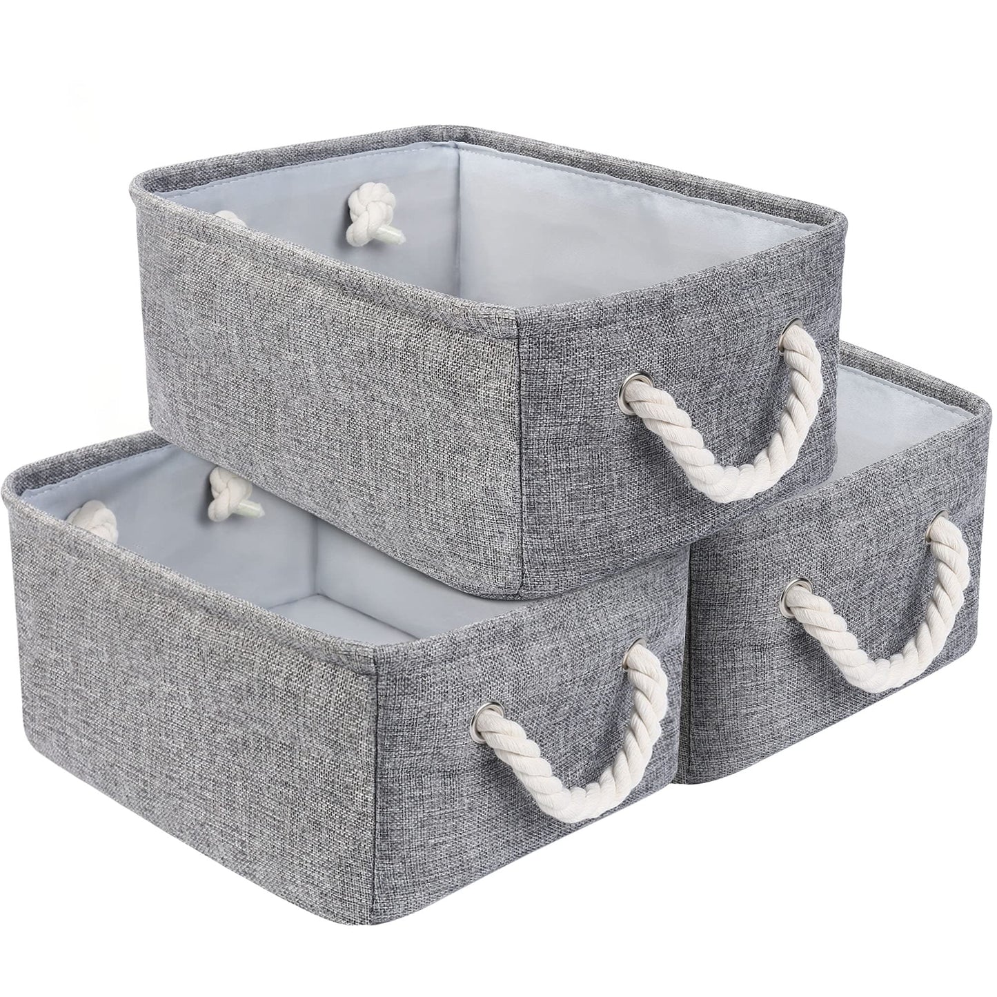 LotFancy Fabric Storage Baskets 3 Packs, Foldable Storage Bins with Handles for Shelves, Rectangular Shelf Closet Organizer for Nursery Clothes Toys Books Organizing, Grey, 14.2” x 10.2” x 6.3”