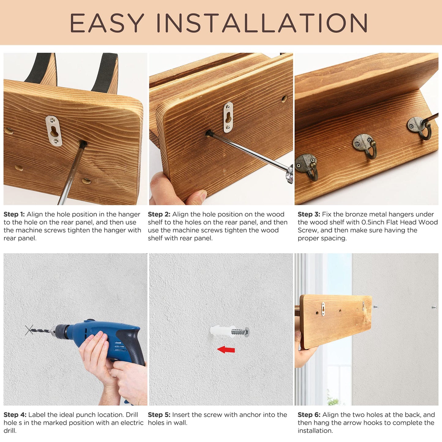 LotFancy Guitar Wall Wood Hanger Holder Mount with Pick Holder and 3 Hooks,Bonus a Wooden Board with 4 Hooks