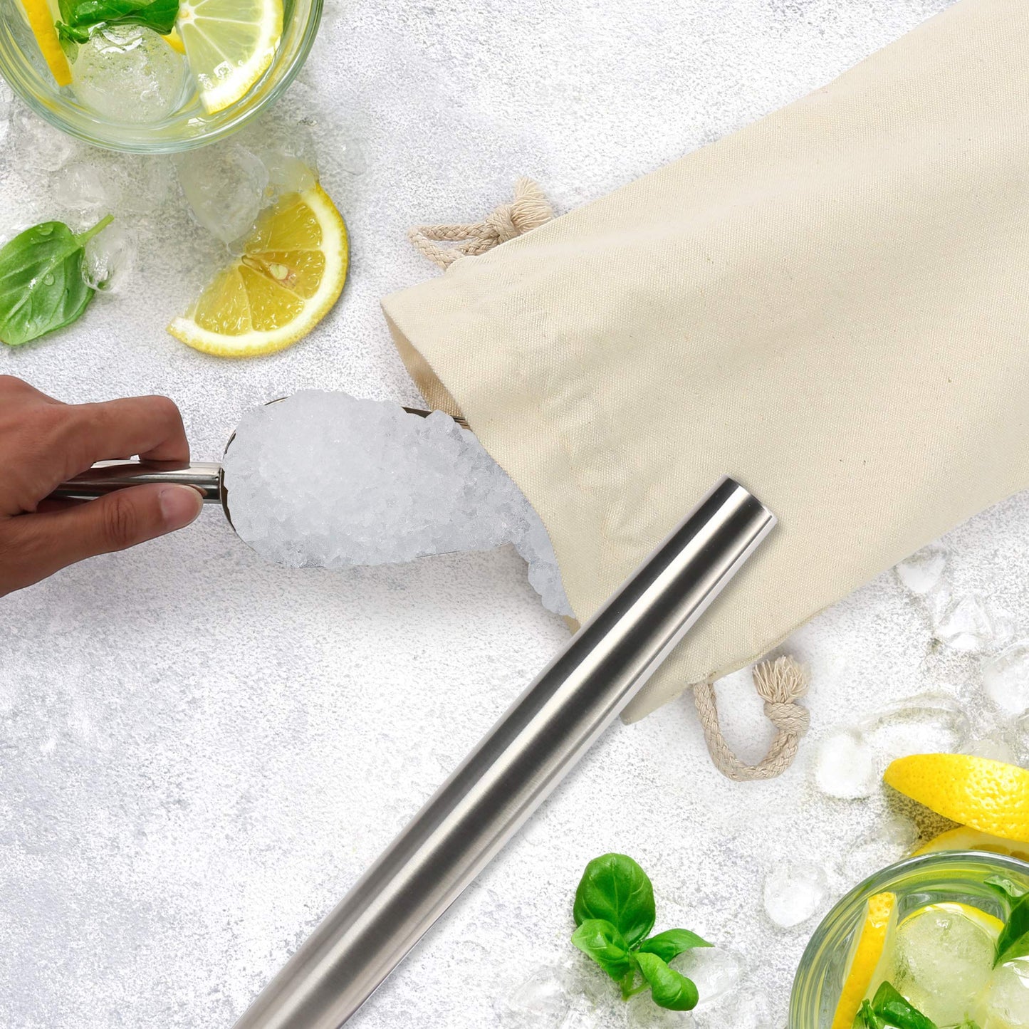 LotFancy 2pc Bartender Crushed Canvas Ice Bag, 1pc Muddler Mallet for Crushing Ice, 1pc Stainless Steel Ice Scoop for Mojitos, Mojitos Cocktails, Party, Home, Kitchen Accessory