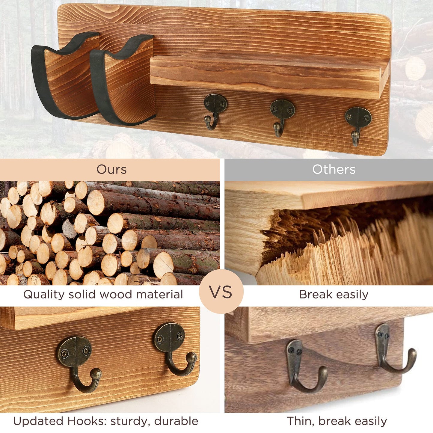 LotFancy Guitar Wall Wood Hanger Holder Mount with Pick Holder and 3 Hooks,Bonus a Wooden Board with 4 Hooks