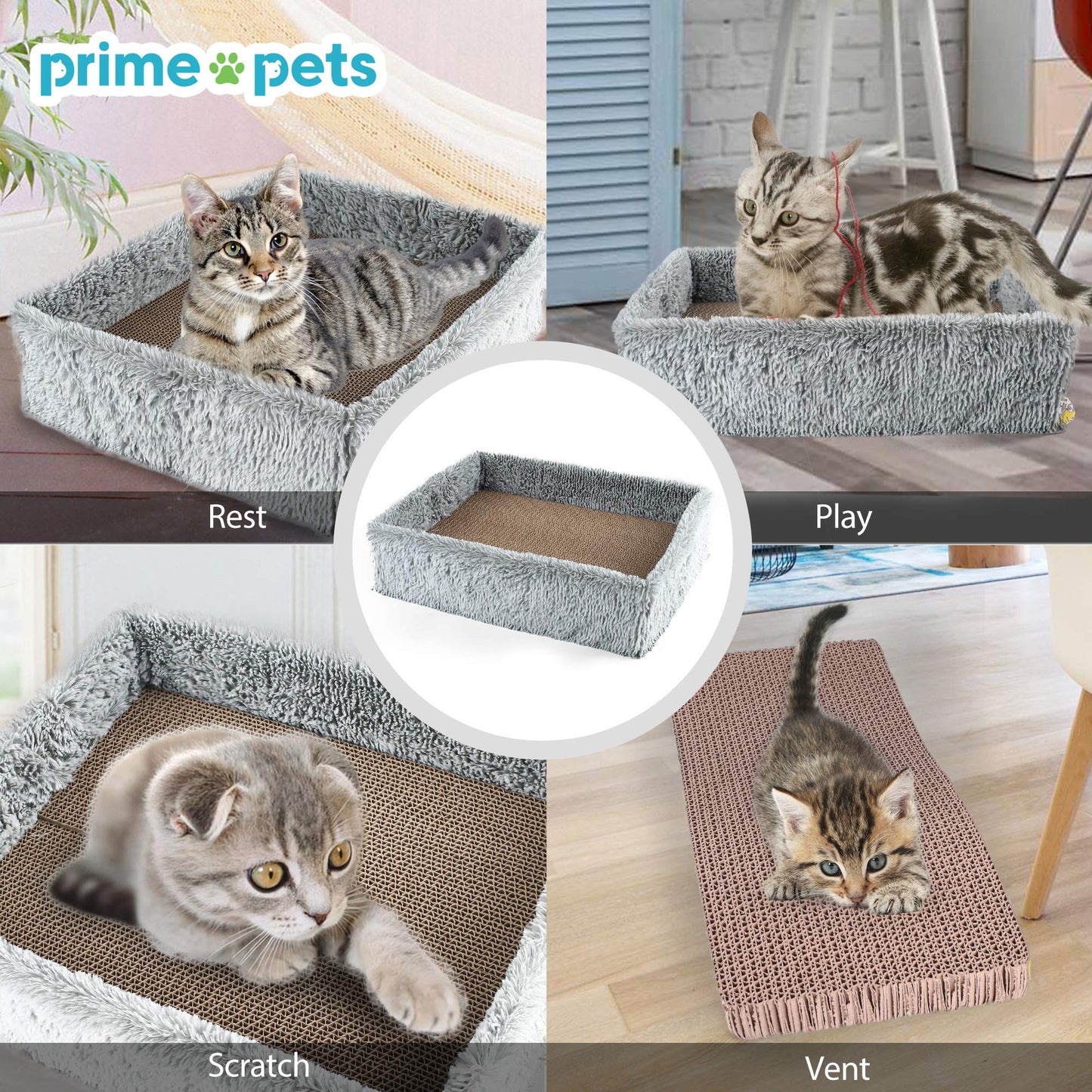 Prime Pets Cat Scratcher Lounge with 2 Removable Cat Scratch Cardboard, Reversible Cat Scratching Pad Box Bed, 2 in 1, Corrugated Board, Catnip Included