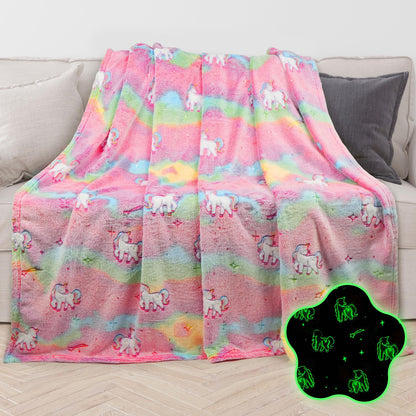 LotFancy Glow in The Dark Blanket, Unicorns Gifts for Girls Boys, Soft Luminous Kids Blankets for Birthday, 60 x 50in