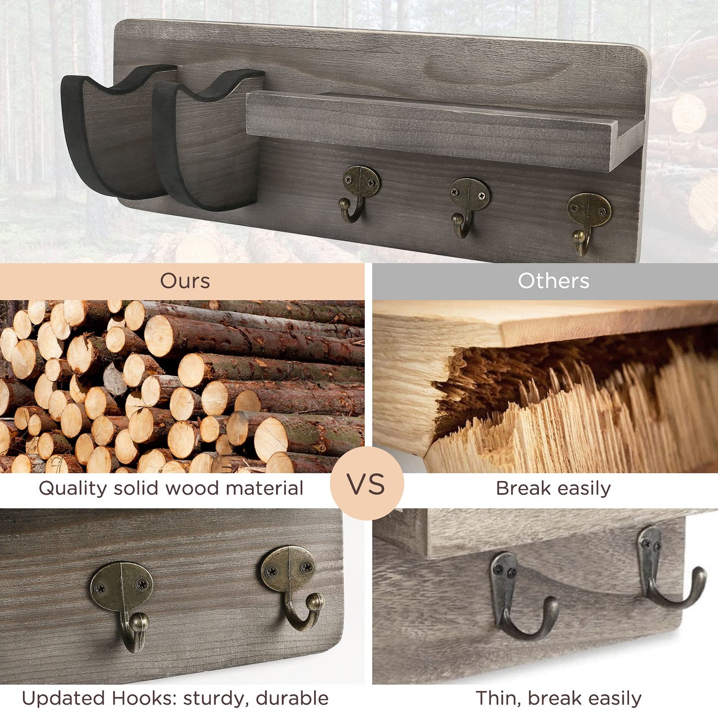 LotFancy Guitar Wall Wood Hanger Holder Mount with Pick Holder and 3 Hooks,Bonus a Wooden Board with 4 Hooks
